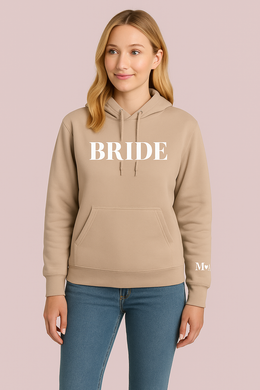 Custom BRIDE Hoodie with Sleeve Initials – Personalized Wedding Gift, Cozy Bride Sweatshirt