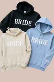 Custom BRIDE Hoodie with Sleeve Initials – Personalized Wedding Gift, Cozy Bride Sweatshirt